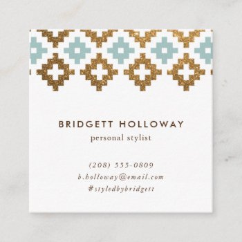 Modern Southwest Blanket Mint And Gold Glitter Square Business Card by 2BirdStone at Zazzle