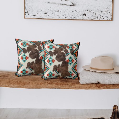 Modern Southwestern Cowhide Aztec Pattern Throw Pillow