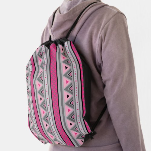 Modern Southwestern Geometric Pink and Gray Drawstring Bag