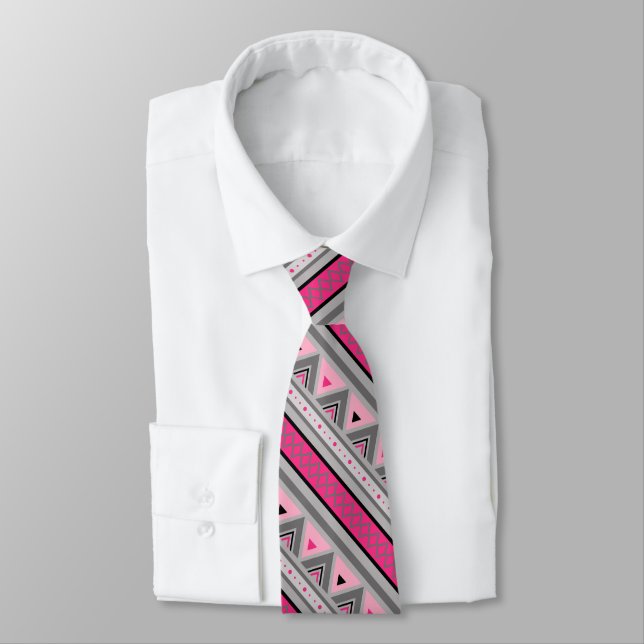 Modern Southwestern Geometric, Pink and Gray Neck Tie (Tied)