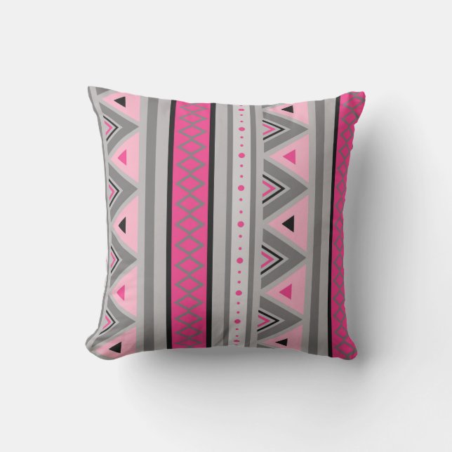 Modern Southwestern Geometric, Pink and Gray Outdoor Pillow (Front)
