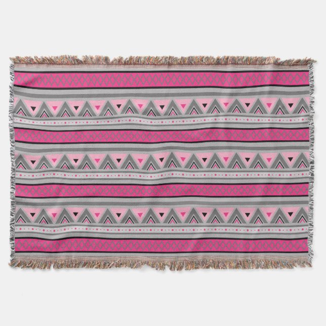 Modern Southwestern Geometric, Pink & Gray / Grey Throw Blanket (Front)