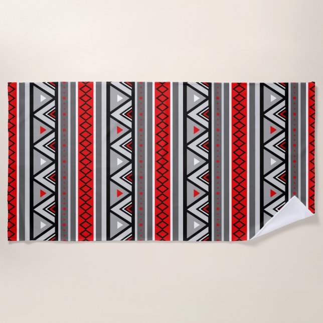 Modern Southwestern Geometric, Red & Gray / Grey Beach Towel (Front)