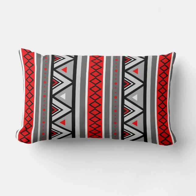 Modern Southwestern Geometric, Red & Gray / Grey Lumbar Pillow (Front)