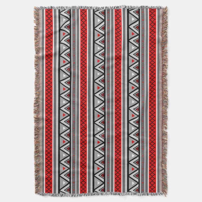 Modern Southwestern Geometric, Red & Gray / Grey Throw Blanket (Front Vertical)
