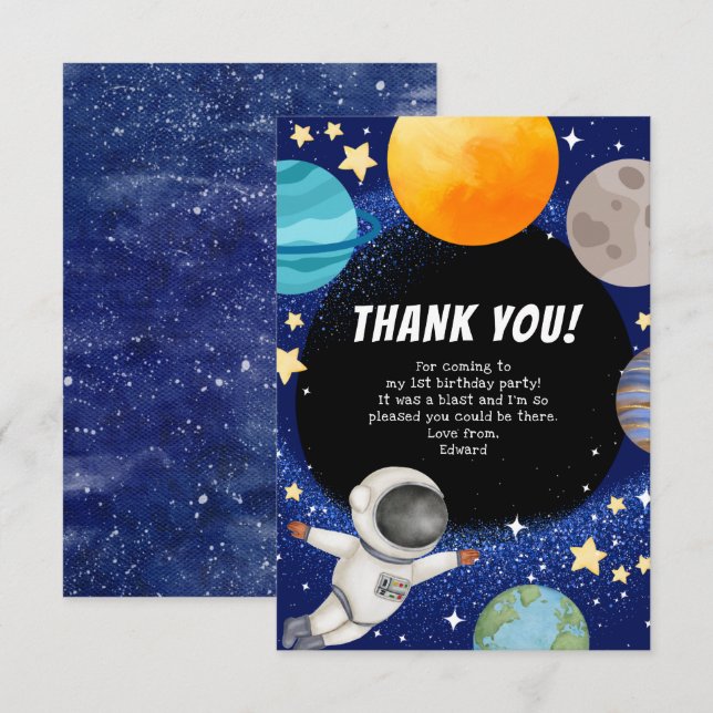 Modern Space Birthday Party Thank You Card (Front/Back)