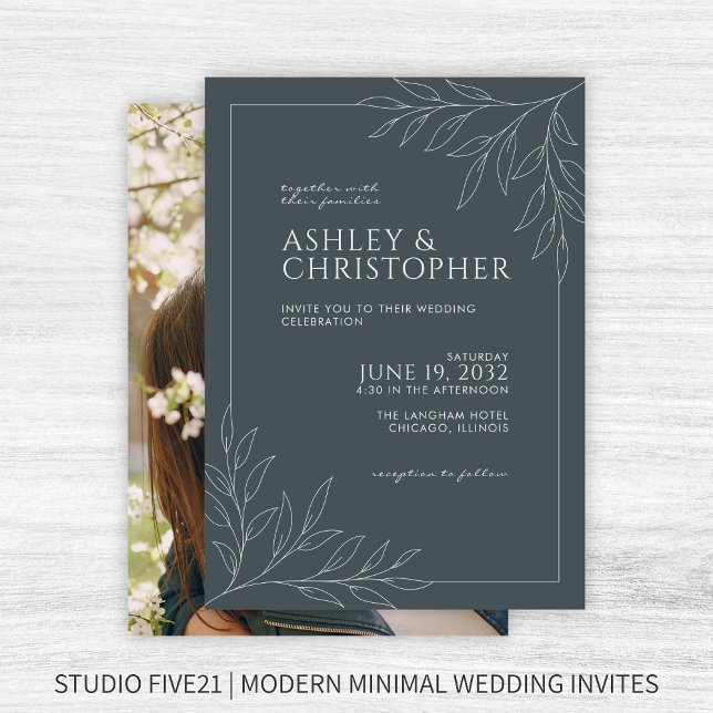 Modern Space Gray Foliage Outline Photo Wedding Invitation (Creator Uploaded)