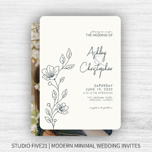 Modern Space Gray Foliage Outline Photo Wedding Invitation