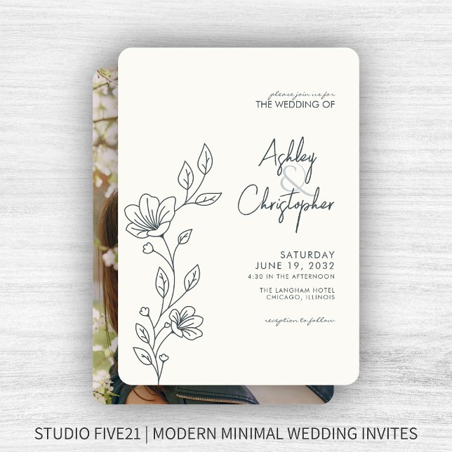 Modern Space Gray Foliage Outline Photo Wedding Invitation (Creator Uploaded)