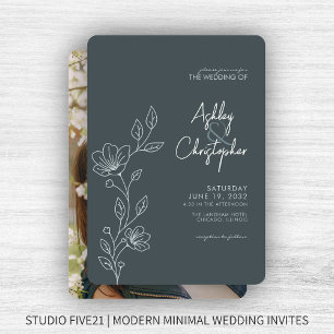 Modern Space Gray Foliage Outline Photo Wedding Invitation