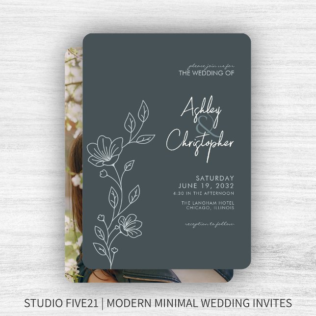 Modern Space Gray Foliage Outline Photo Wedding Invitation (Creator Uploaded)