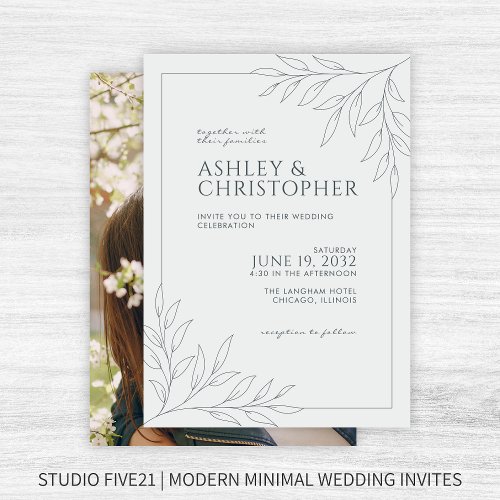 Modern Space Gray Foliage Outline Photo Wedding Invitation