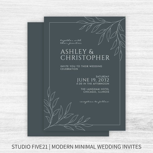 Modern Space Gray Foliage Outline Wedding Invitation