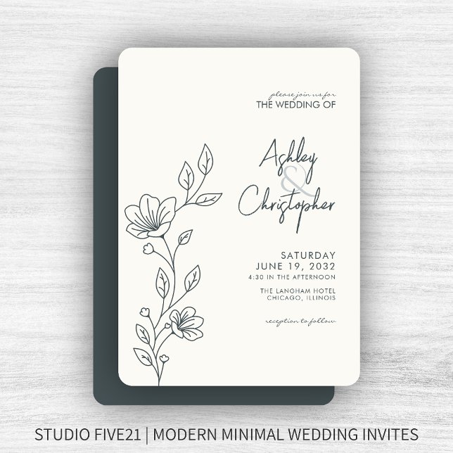 Modern Space Gray Foliage Outline Wedding Invitation (Creator Uploaded)