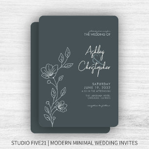 Modern Space Gray Foliage Outline Wedding Invitation