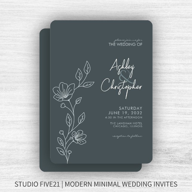 Modern Space Gray Foliage Outline Wedding Invitation (Creator Uploaded)