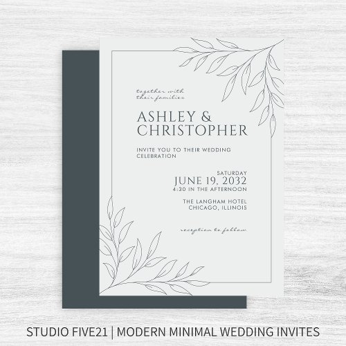 Modern Space Gray Foliage Outline Wedding Invitation