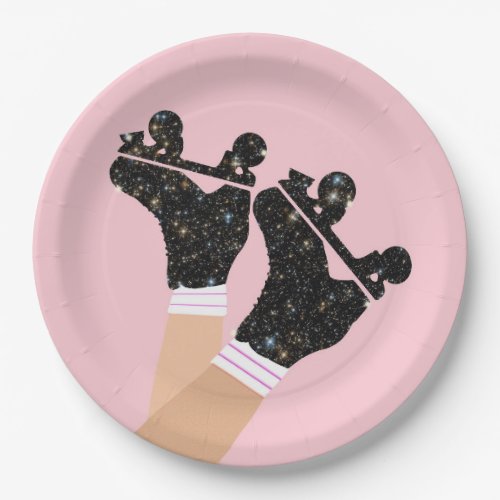 Modern Space Roller Skates Derby Pink Party  Paper Plates