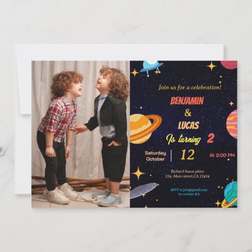 Modern Space twins boy birthday party invitation