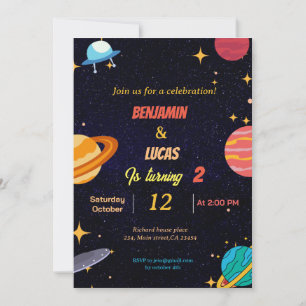 Modern Space twins boy birthday party invitation