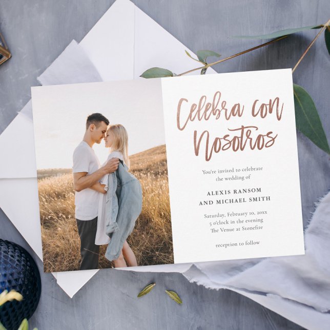 Modern Spanish Celebra con Nosotros Photo Wedding Invitation (Spanish 2 Photo Wedding invitation with modern rose gold foil script Celebrate with Us typography.)
