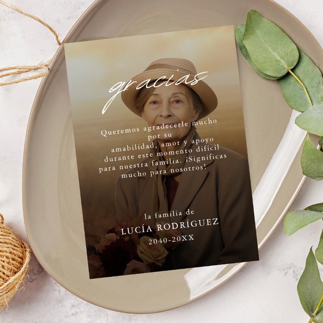 Modern Spanish Gracias Funeral Photo Thank You Card (Creator Uploaded)