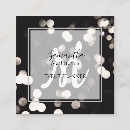 Modern Sparkle Black and White Event Planner Squar Square Business Card