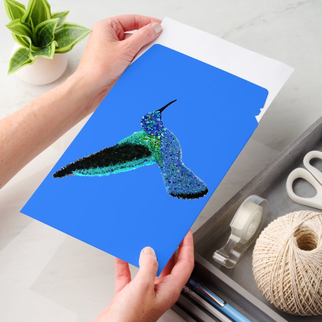 Modern sparkle blue hummingbird envelope mailers (Desk)