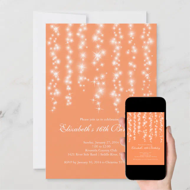 Modern Sparkle Coral Sweet Sixteen Birthday Party Invitation Zazzle
