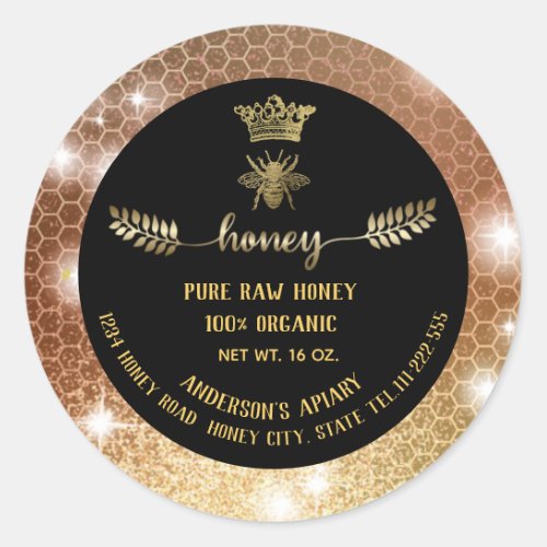 Modern sparkle gold bee crown honeycomb honey jar classic round sticker