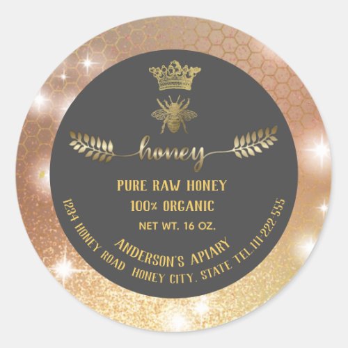 Modern sparkle gold bee crown honeycomb honey jar classic round sticker