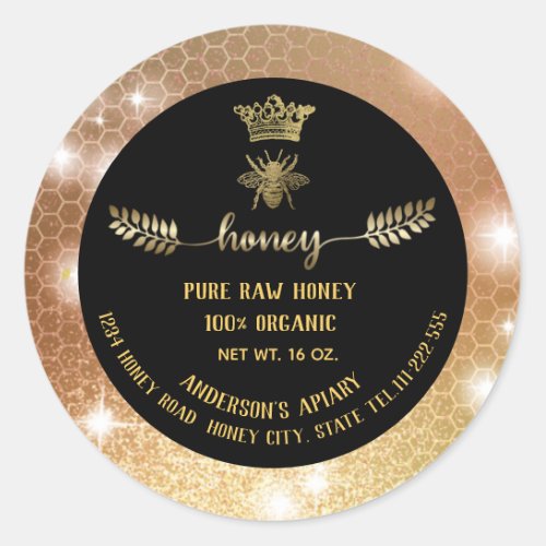 Modern sparkle gold bee crown honeycomb honey jar classic round sticker