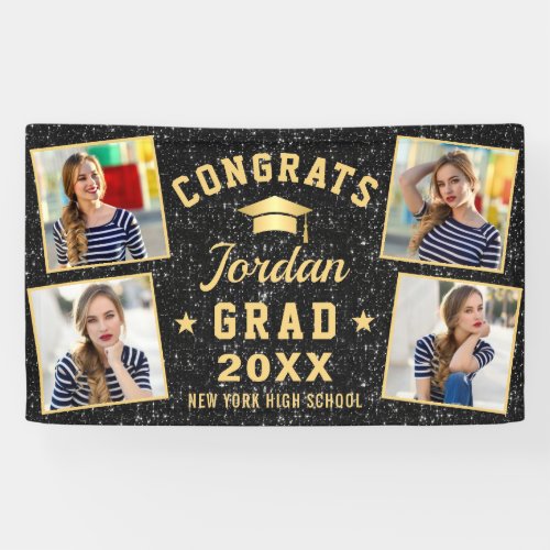 Modern Sparkle Gold Black Graduation Party 4 PHOTO Banner