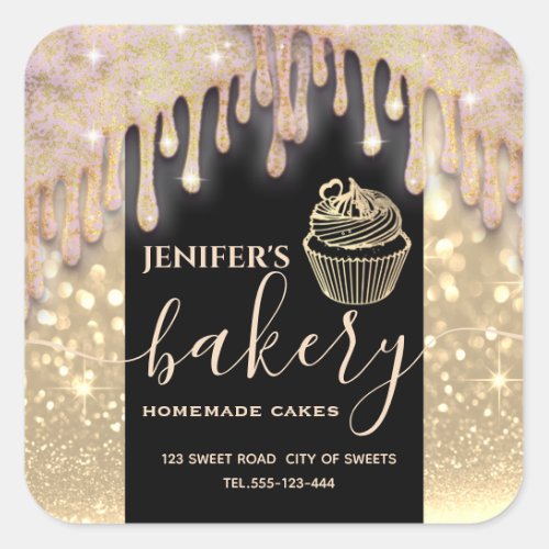 Modern sparkle gold drips cupcake bakery label