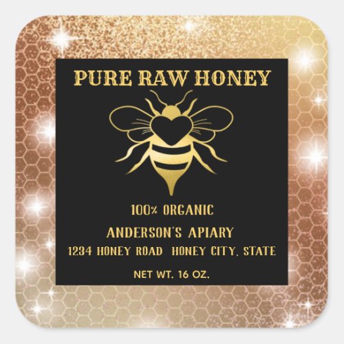 Modern sparkle gold honeybee honeycomb honey jar square sticker