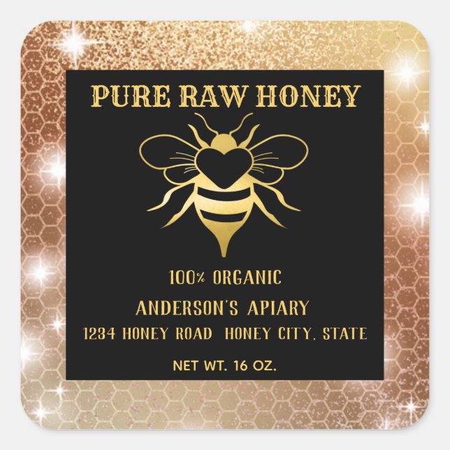 Modern sparkle gold honeybee honeycomb honey jar square sticker (Front)