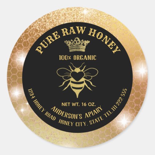 Modern sparkle gold queen bee honeycomb honey jar classic round sticker