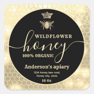 Modern sparkle gold queen bee script honey class square sticker