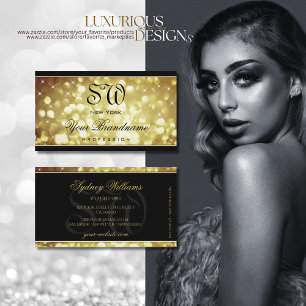 Modern Sparkle Golden Glitter Stars Monogram Black Business Card