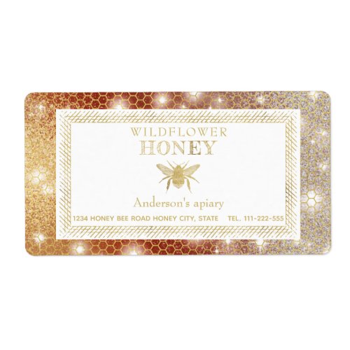 Modern sparkle honey comb gold bee honey jar label