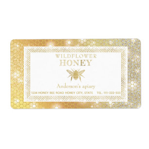 Modern sparkle honeycomb gold bee honey jar label