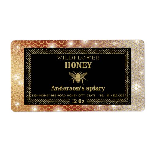 Modern sparkle honeycomb gold bee honey jar label