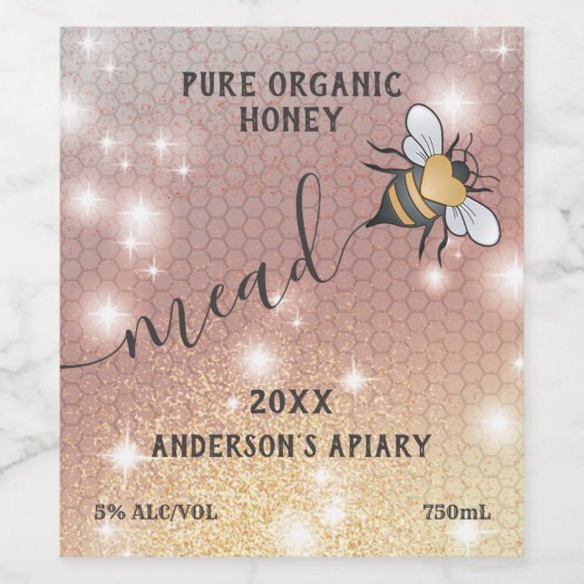 Modern sparkle honeycomb honeybee mead wine label (Single Label)