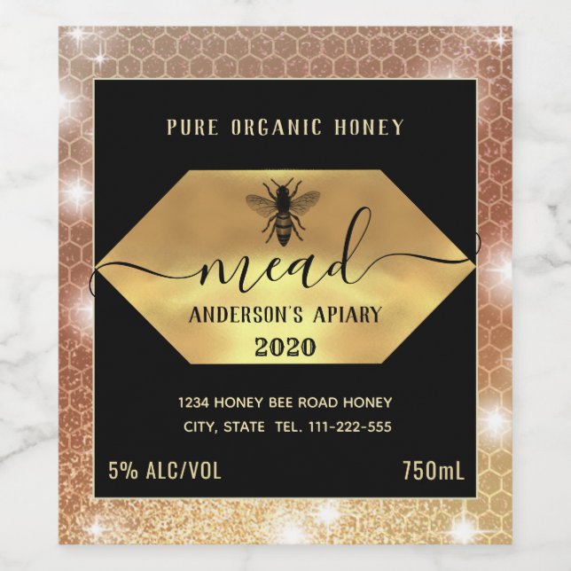 Modern sparkle honeycomb mead honey bee wine label (Single Label)