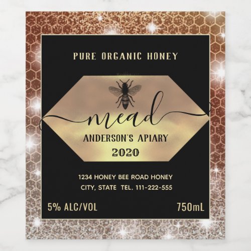 Modern sparkle honeycomb mead honey bee wine label