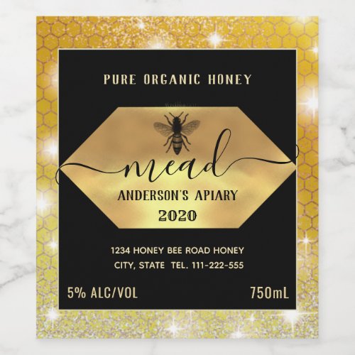 Modern sparkle honeycomb mead honey bee wine label