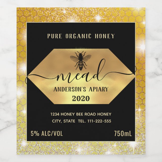Modern sparkle honeycomb mead honey bee wine label (Single Label)
