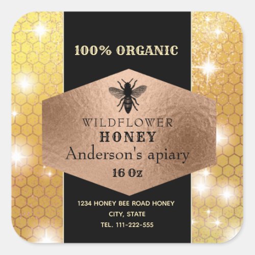 Modern  sparkle rosegold bee honey jar label