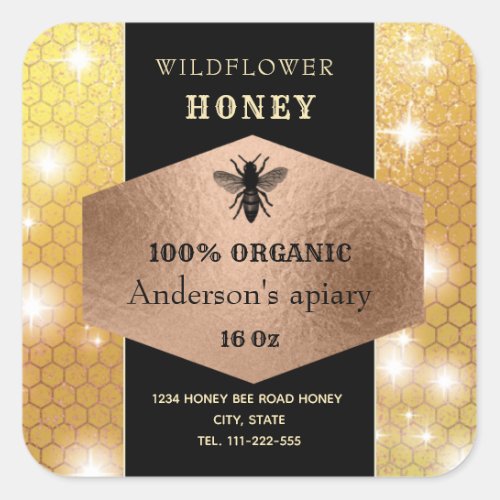 Modern  sparkle rosegold bee honey jar label