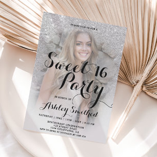Modern sparkle silver glitter ombre photo Sweet 16 Invitation
